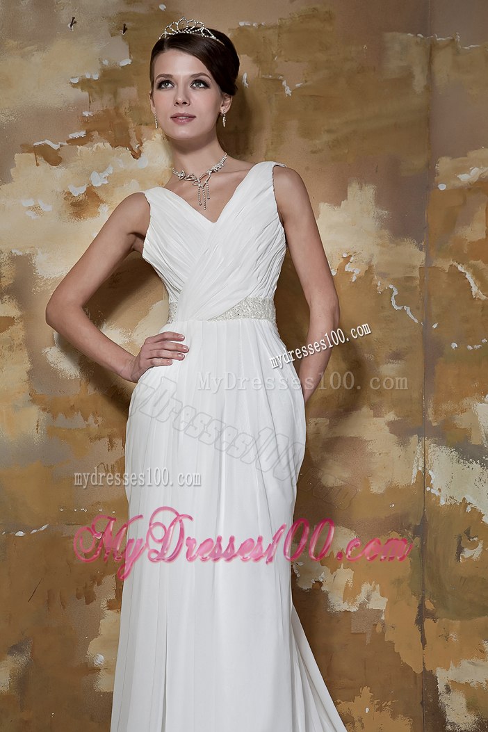 Simple Column V-neck Court Train Beading Summer Wedding Dresses