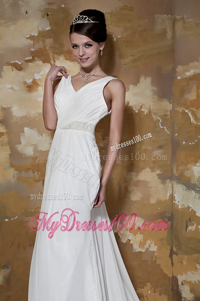 Simple Column V-neck Court Train Beading Summer Wedding Dresses