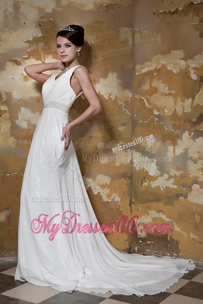 Simple Column V-neck Court Train Beading Summer Wedding Dresses