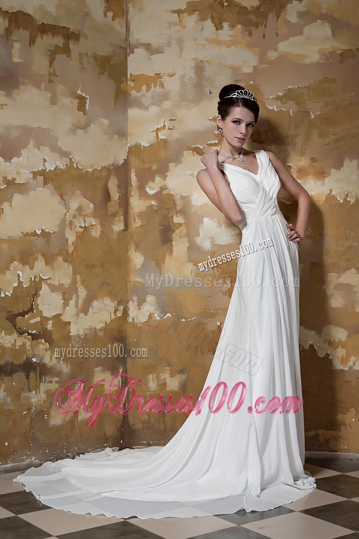 Simple Column V-neck Court Train Beading Summer Wedding Dresses