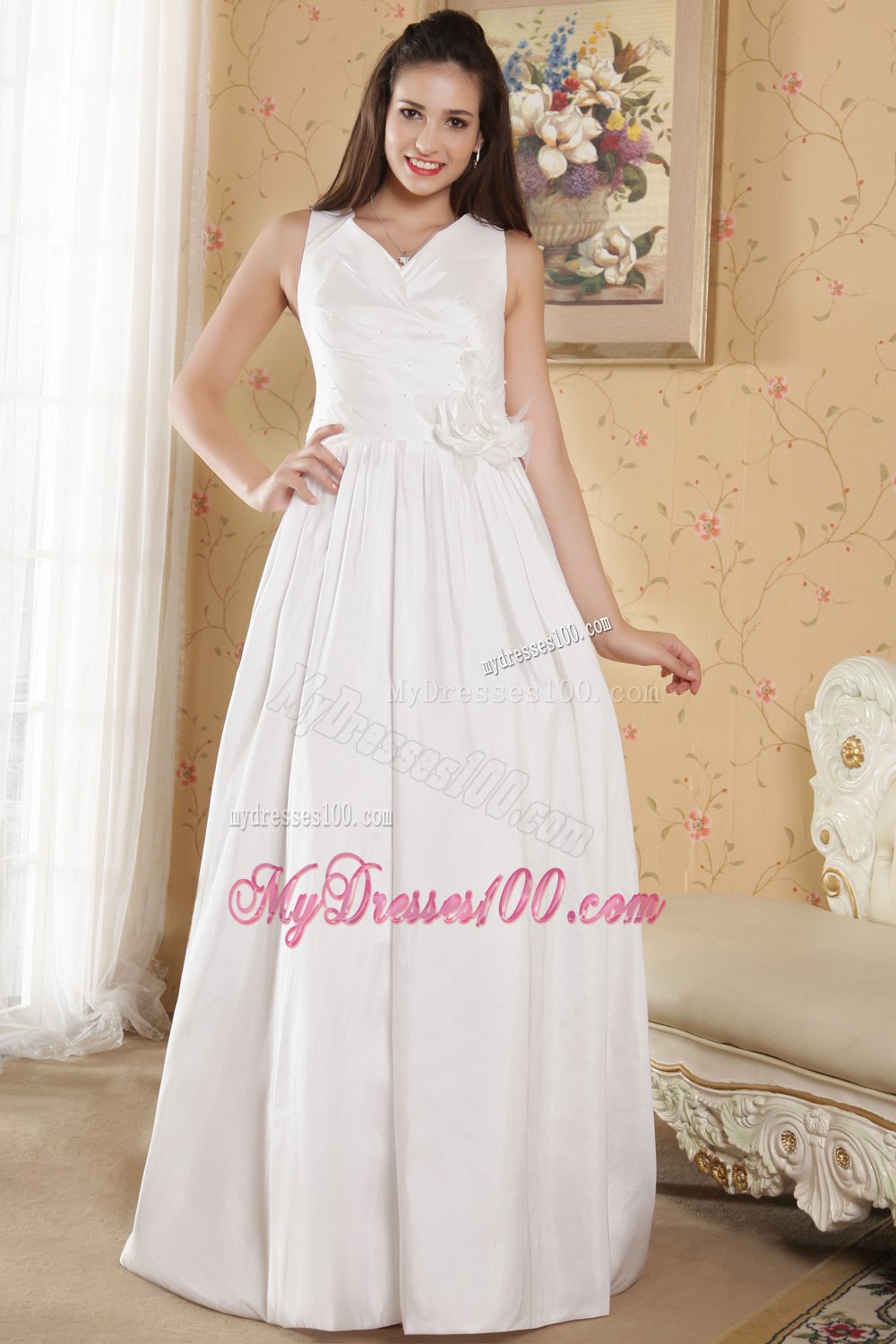 Simple Column V-neck Floor-length Hand Made Flowers Wedding Dresses