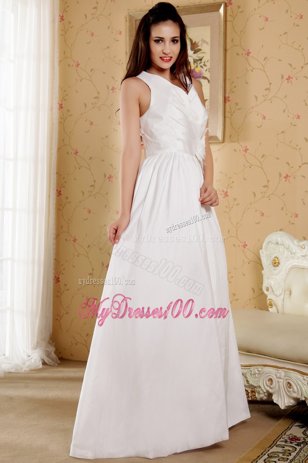Simple Column V-neck Floor-length Hand Made Flowers Wedding Dresses