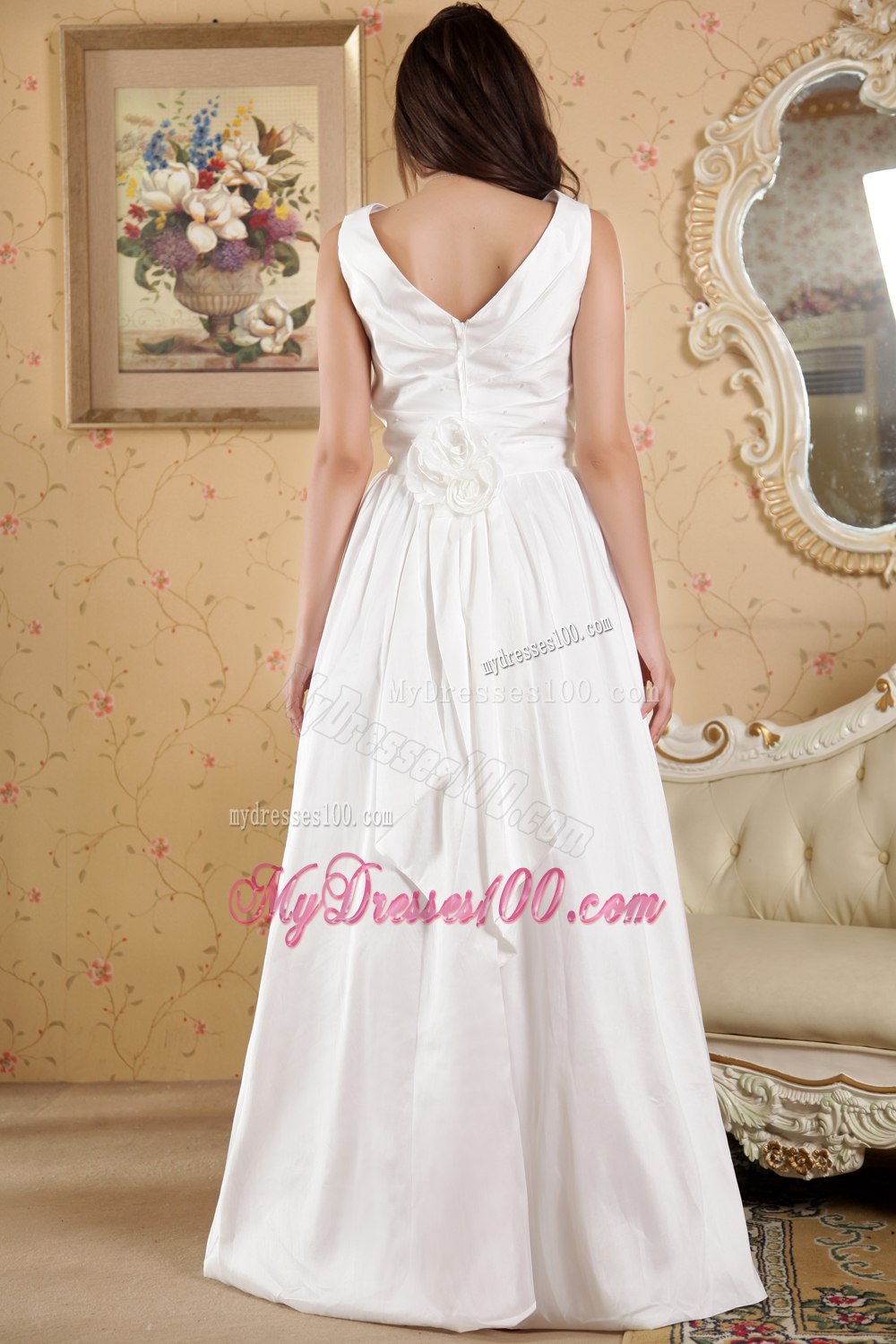 Simple Column V-neck Floor-length Hand Made Flowers Wedding Dresses