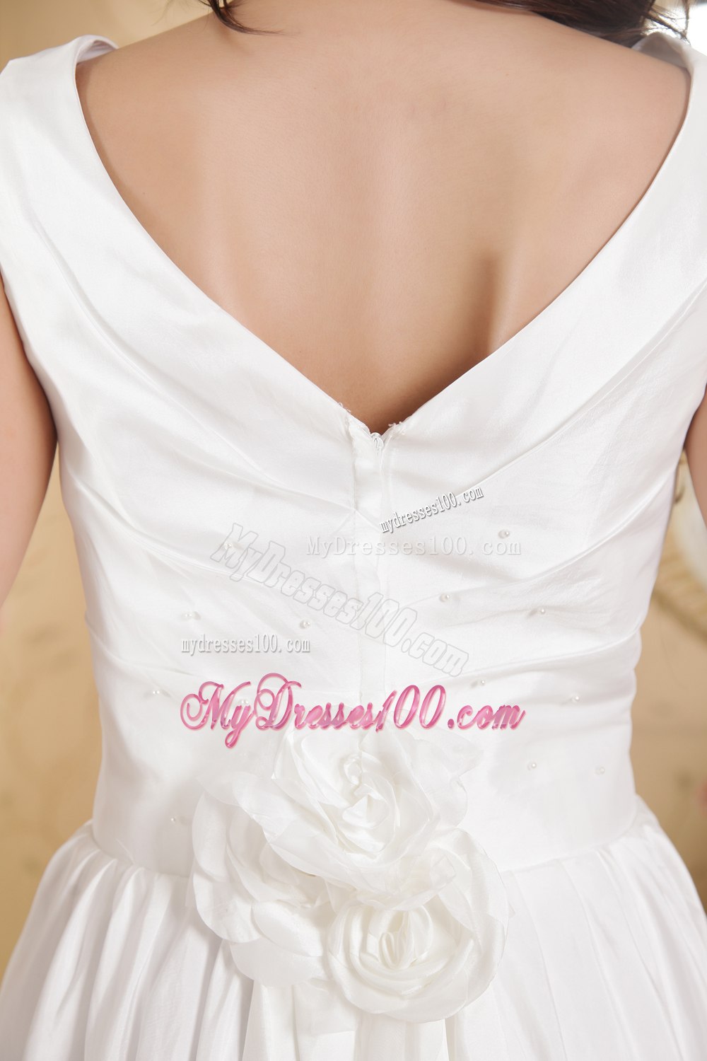 Simple Column V-neck Floor-length Hand Made Flowers Wedding Dresses