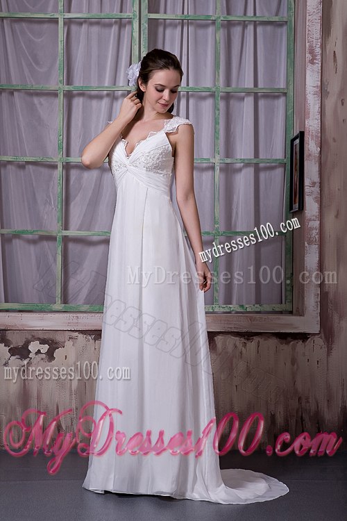 Simple V-neck Brush Train Appliques Cap Sleeves Wedding Dresses