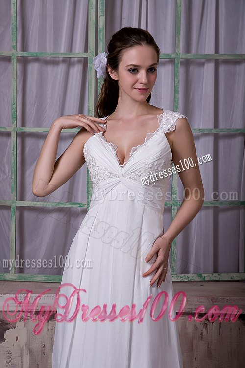 Simple V-neck Brush Train Appliques Cap Sleeves Wedding Dresses