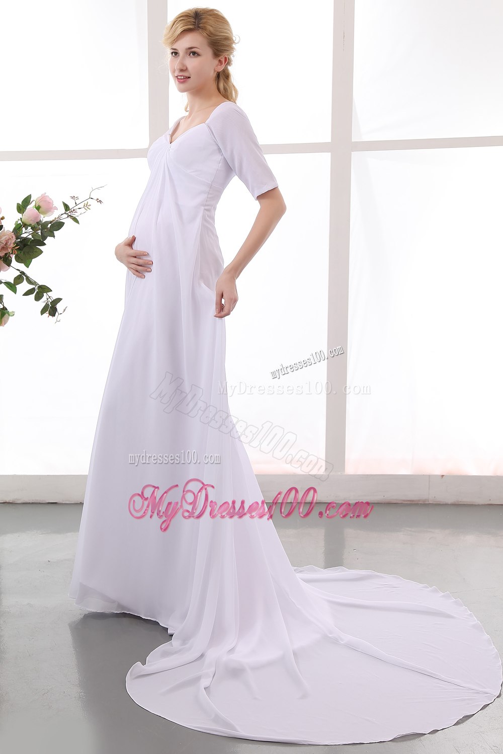 Simple Empire V-neck Court Train Ruched Short Sleeves Wedding Dress