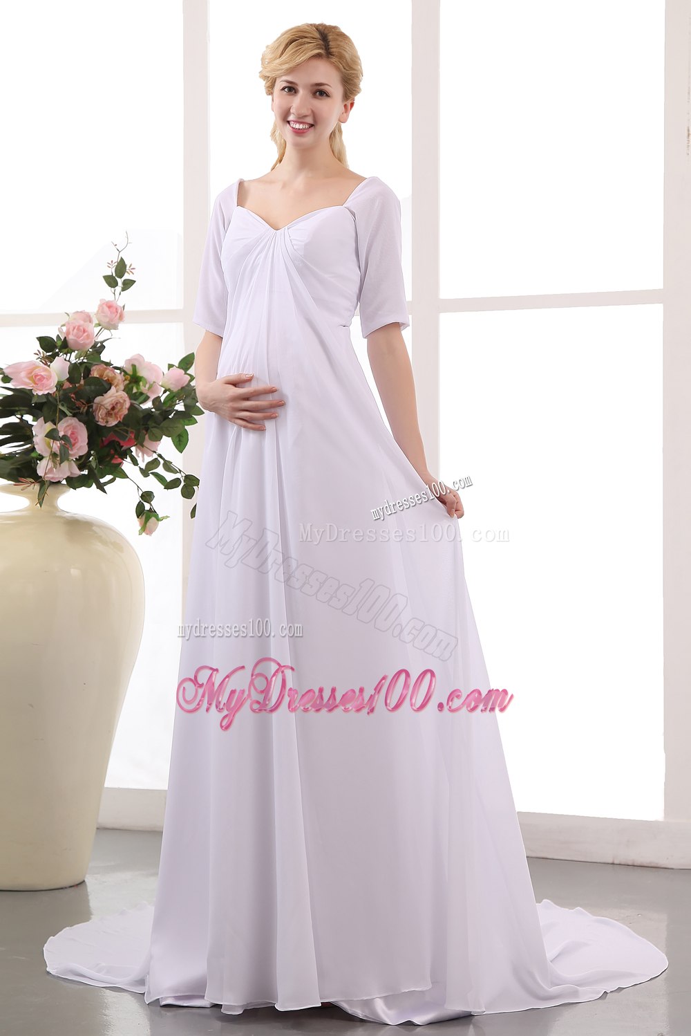 Simple Empire V-neck Court Train Ruched Short Sleeves Wedding Dress