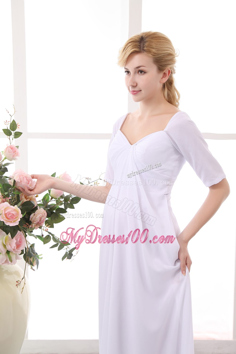 Simple Empire V-neck Court Train Ruched Short Sleeves Wedding Dress