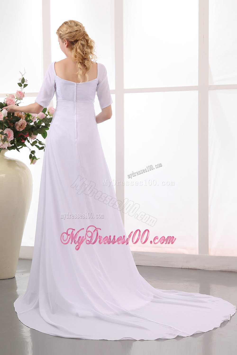 Simple Empire V-neck Court Train Ruched Short Sleeves Wedding Dress