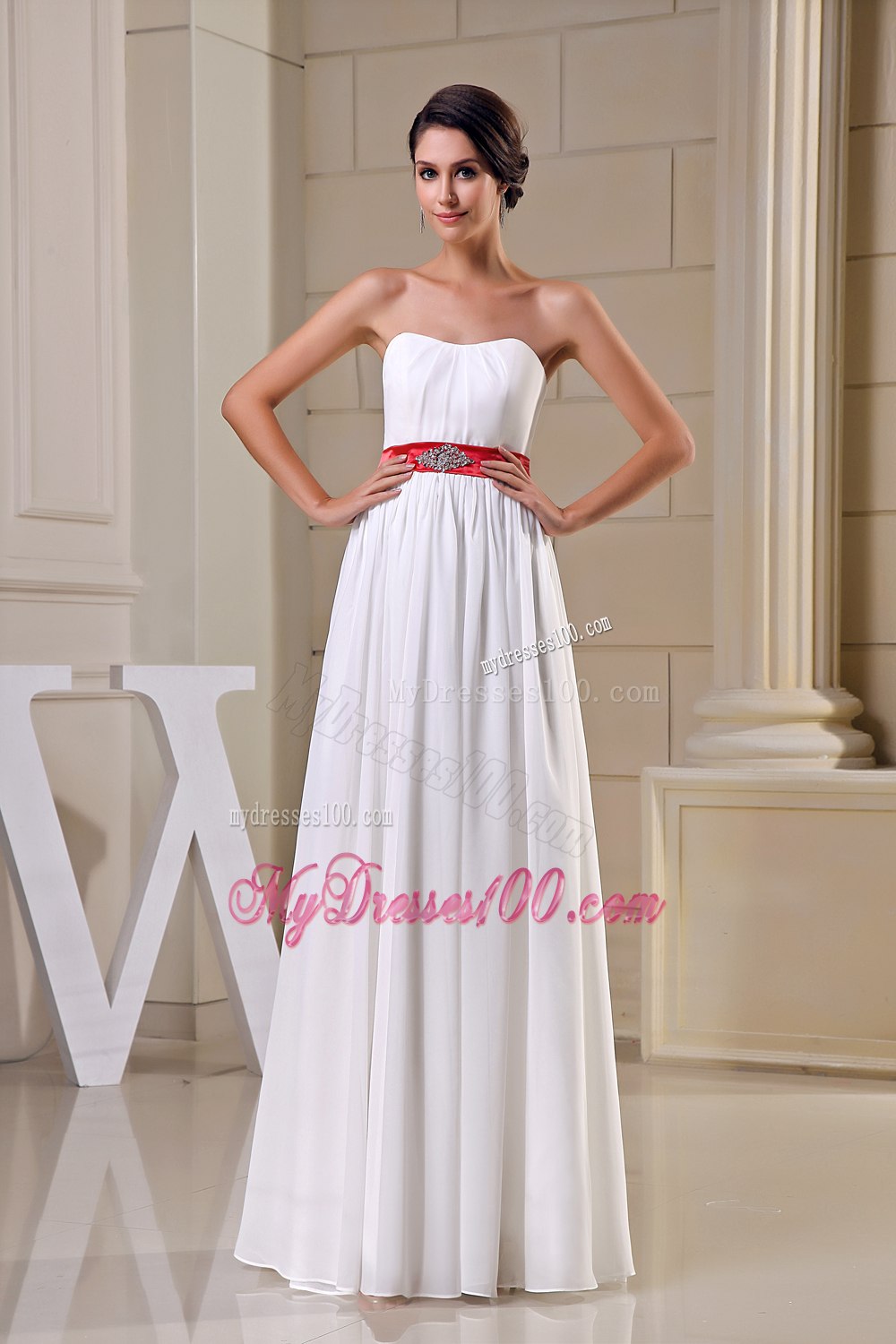 Simple Column Strapless Beading Floor-length Wedding Dress with Belt