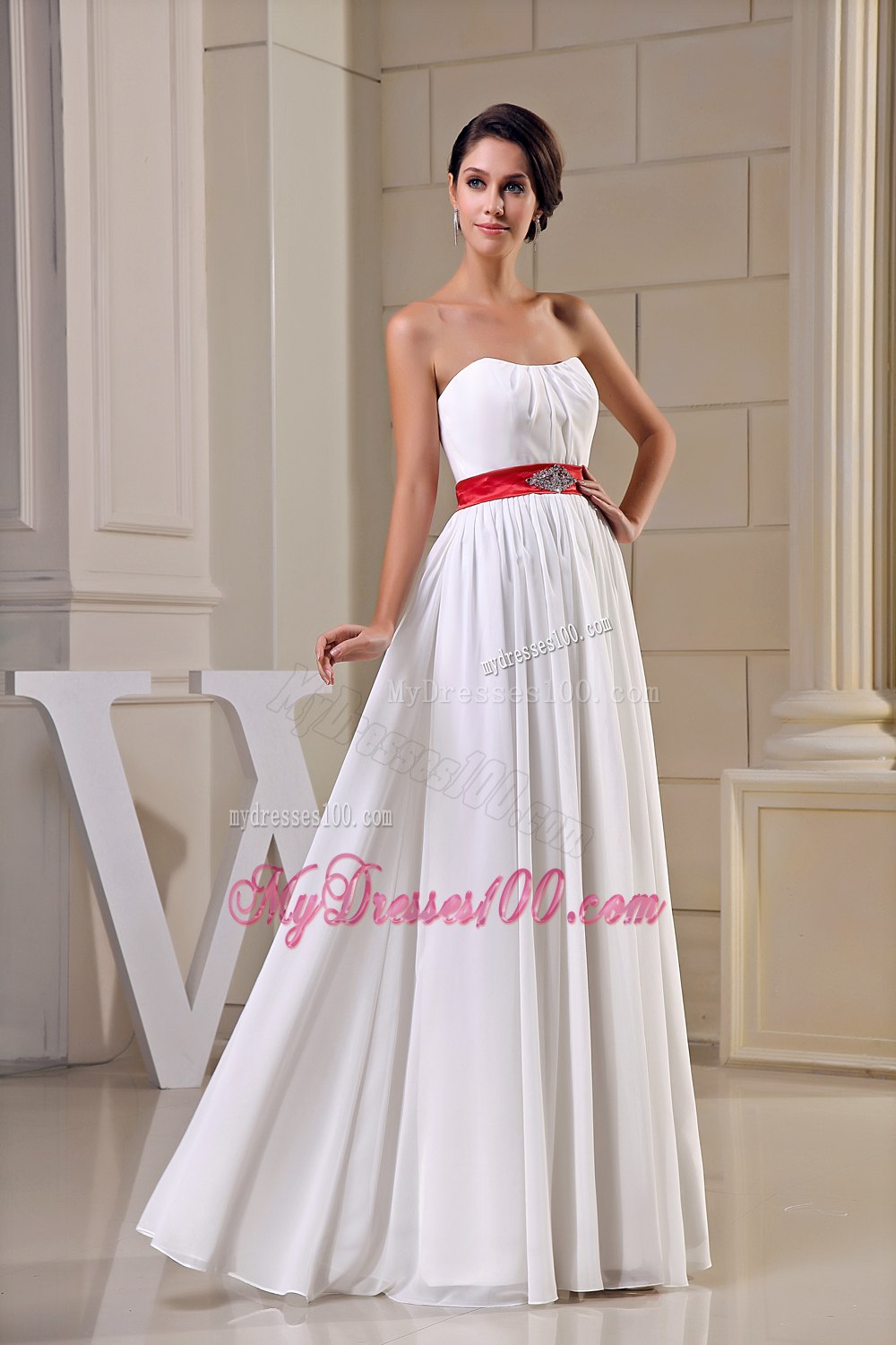 Simple Column Strapless Beading Floor-length Wedding Dress with Belt