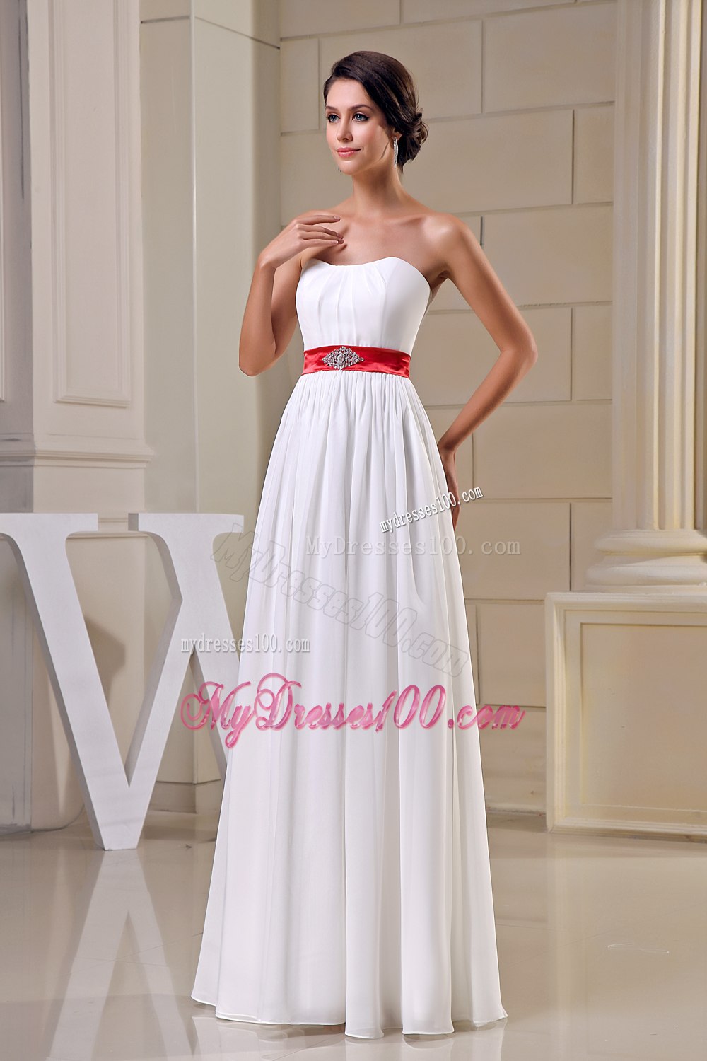 Simple Column Strapless Beading Floor-length Wedding Dress with Belt