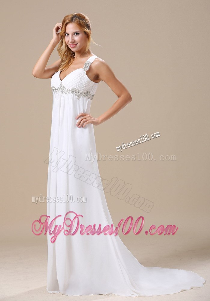 2013 Discount Empire Straps Appliques Wedding Dress with Brush Train