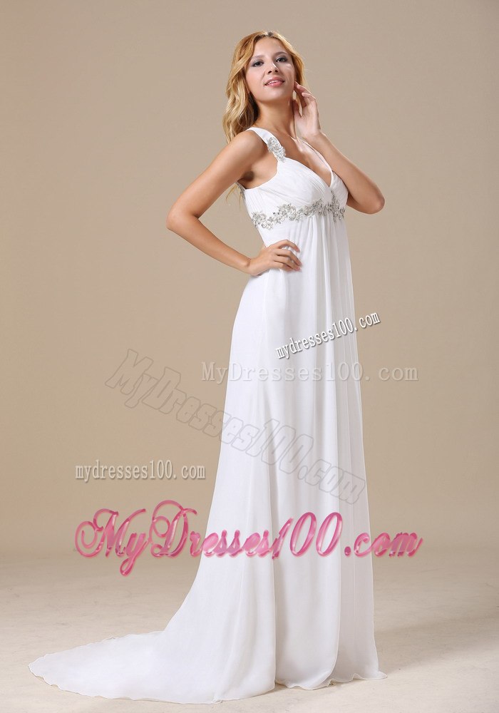 2013 Discount Empire Straps Appliques Wedding Dress with Brush Train