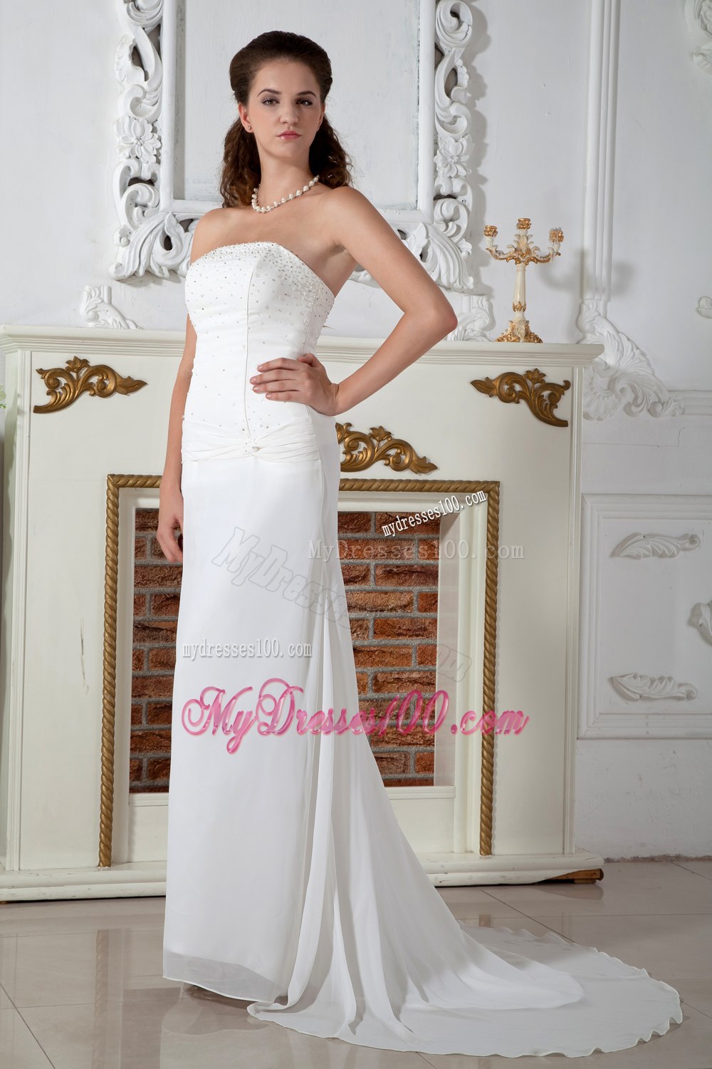 2013 Sweet Column Strapless Court Train Appliques Wedding Dresses