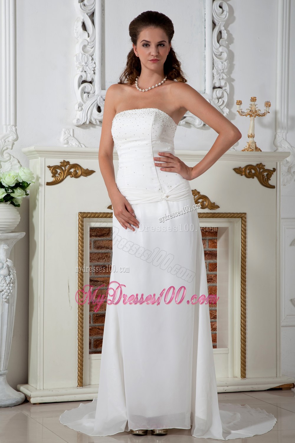 2013 Sweet Column Strapless Court Train Appliques Wedding Dresses