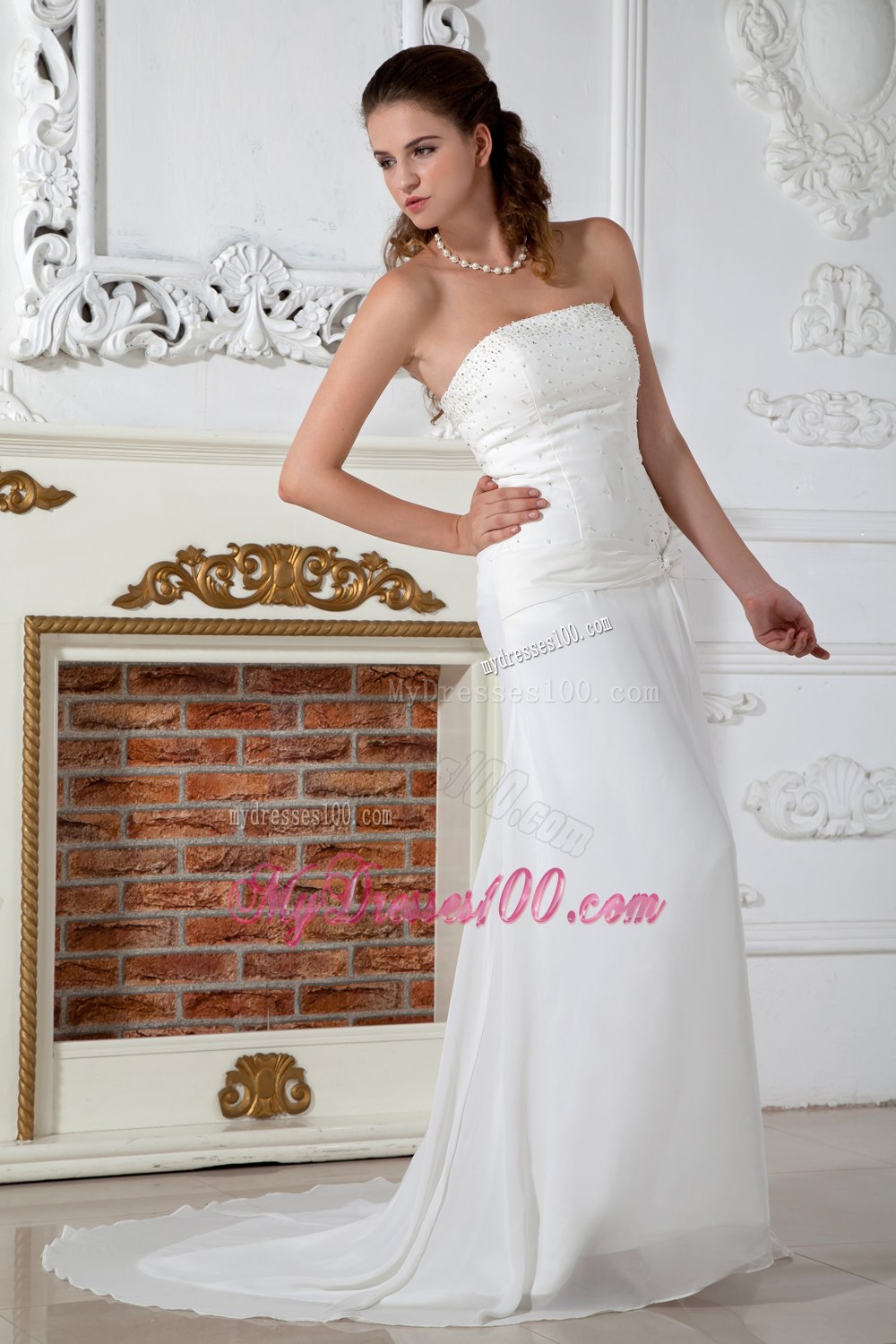 2013 Sweet Column Strapless Court Train Appliques Wedding Dresses