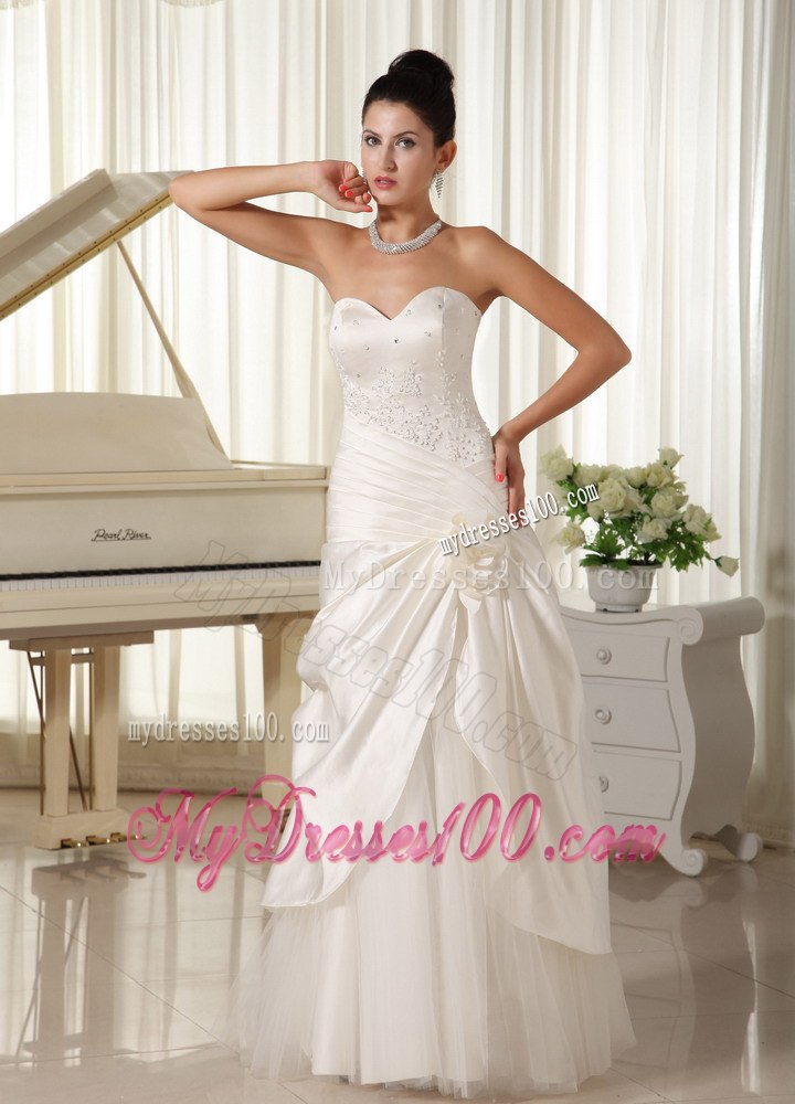 Modest Column Sweetheart Beaded and Hand Made Flowers Wedding Dress