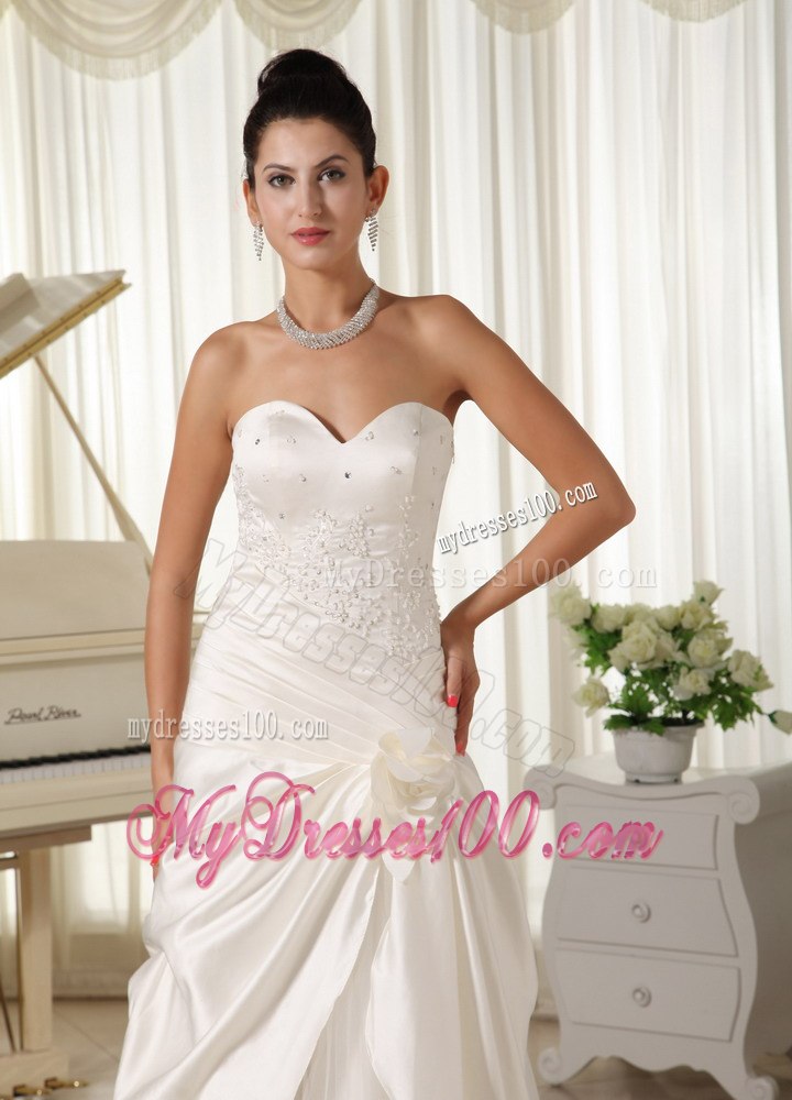 Modest Column Sweetheart Beaded and Hand Made Flowers Wedding Dress