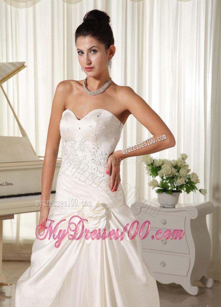 Modest Column Sweetheart Beaded and Hand Made Flowers Wedding Dress