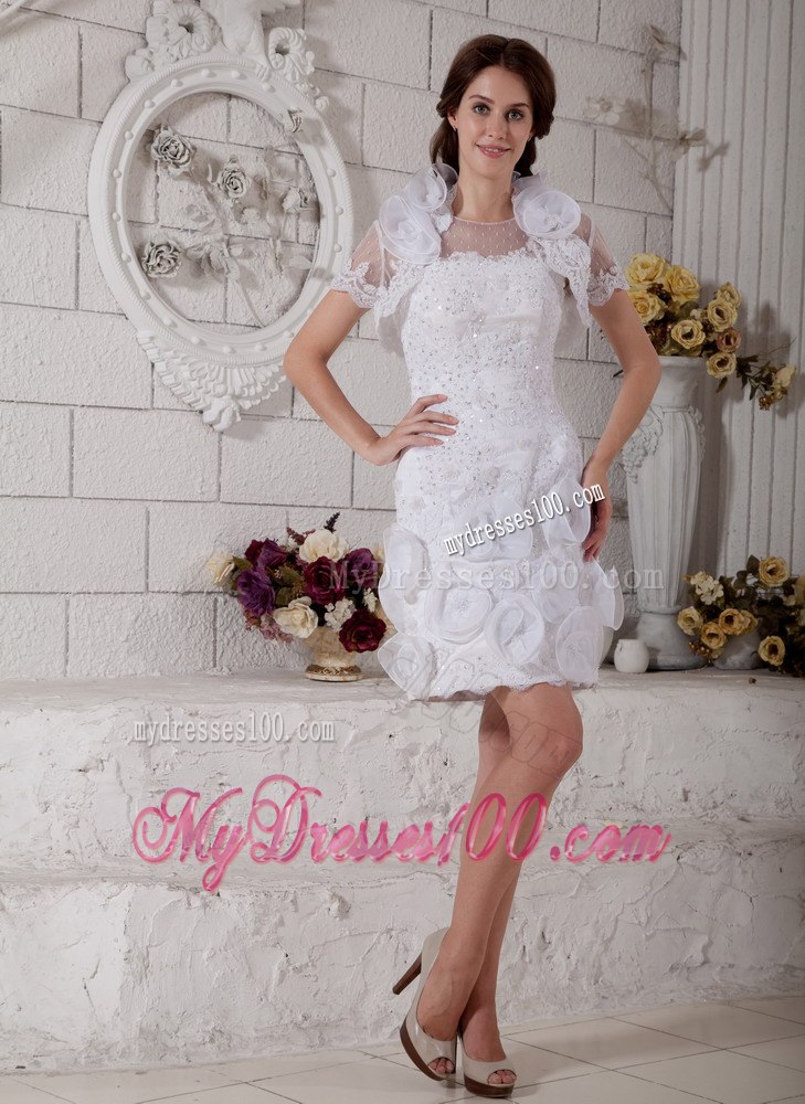 Popular Short Column Scoop Beading Flowers Summer Wedding Dress