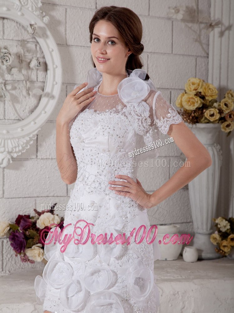 Popular Short Column Scoop Beading Flowers Summer Wedding Dress