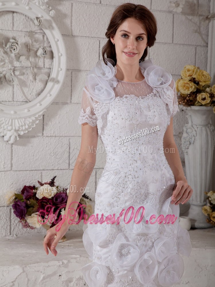 Popular Short Column Scoop Beading Flowers Summer Wedding Dress