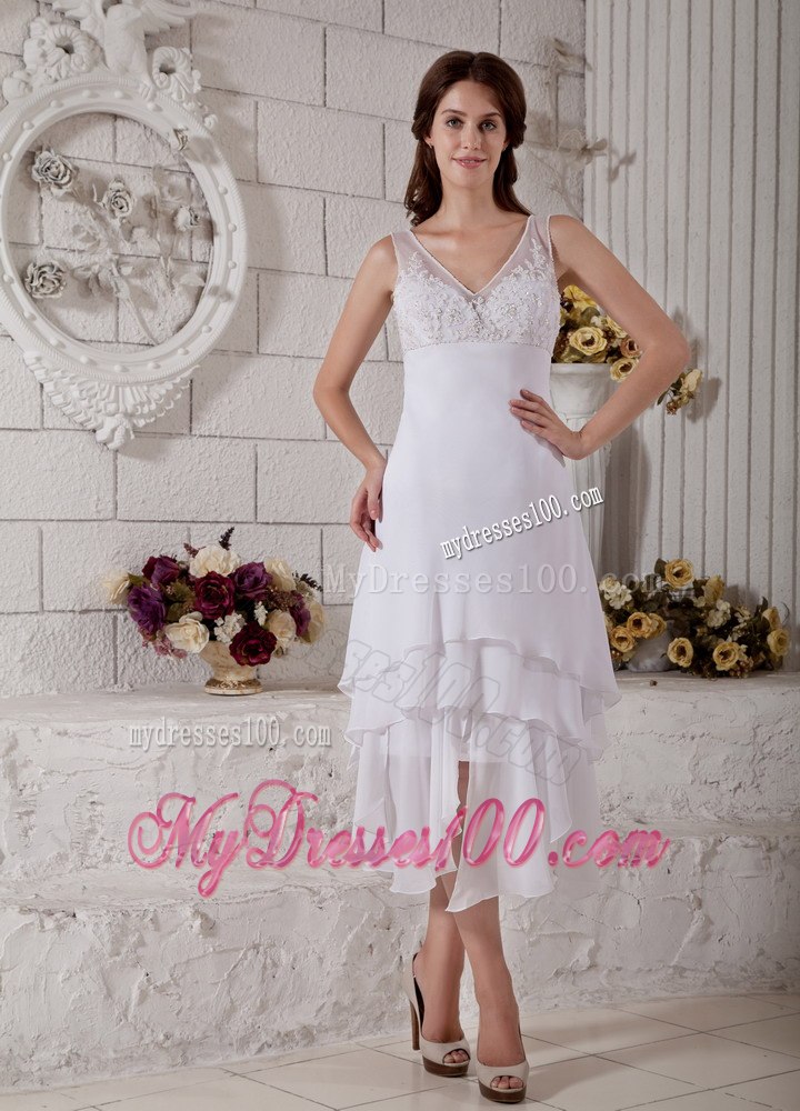 Most Popular Column V-neck Tea-length Embroidery Wedding Dress