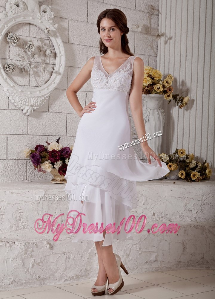 Most Popular Column V-neck Tea-length Embroidery Wedding Dress