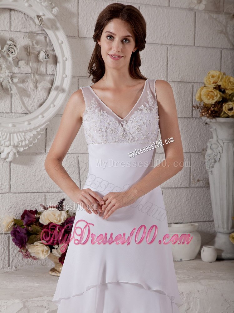 Most Popular Column V-neck Tea-length Embroidery Wedding Dress