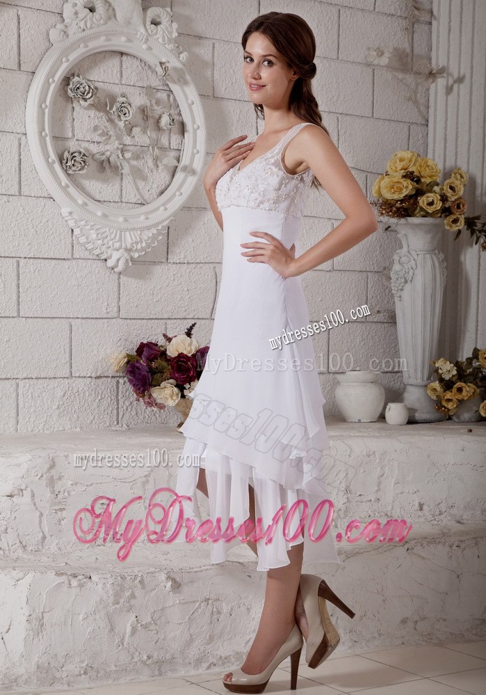 Most Popular Column V-neck Tea-length Embroidery Wedding Dress