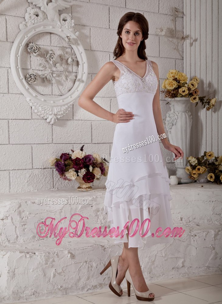 Most Popular Column V-neck Tea-length Embroidery Wedding Dress