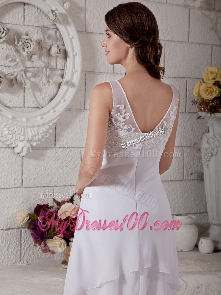Most Popular Column V-neck Tea-length Embroidery Wedding Dress