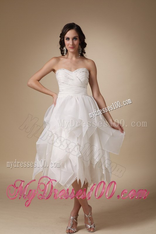 Unique Sweetheart Beading Ruffles Wedding Dresses with Tea-length