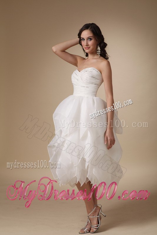 Unique Sweetheart Beading Ruffles Wedding Dresses with Tea-length