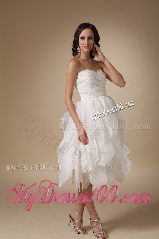 Unique Sweetheart Beading Ruffles Wedding Dresses with Tea-length
