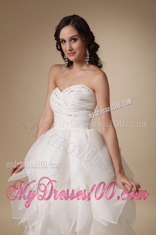 Unique Sweetheart Beading Ruffles Wedding Dresses with Tea-length