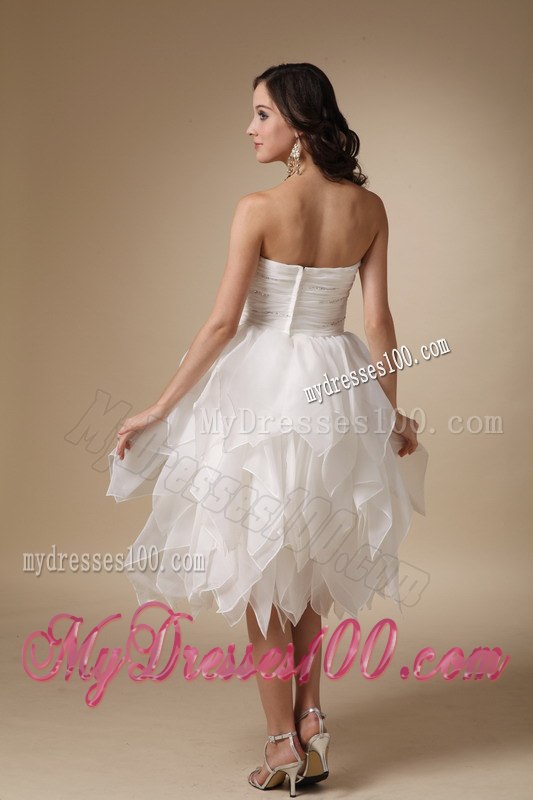 Unique Sweetheart Beading Ruffles Wedding Dresses with Tea-length