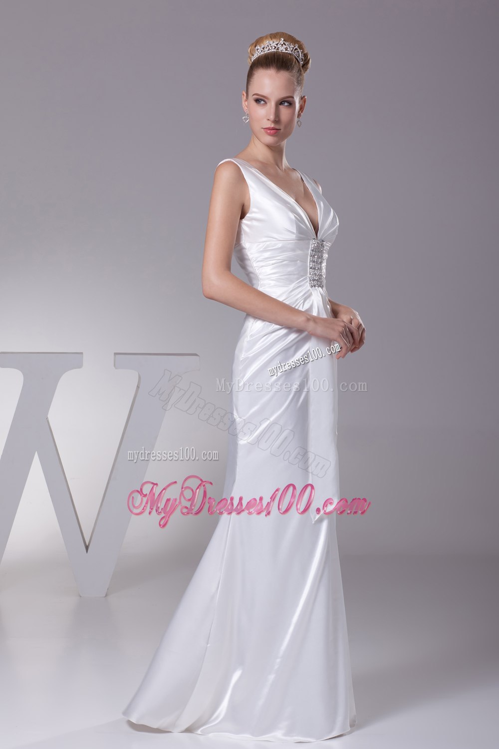 V-neck Beading Long Wedding Dress With Column