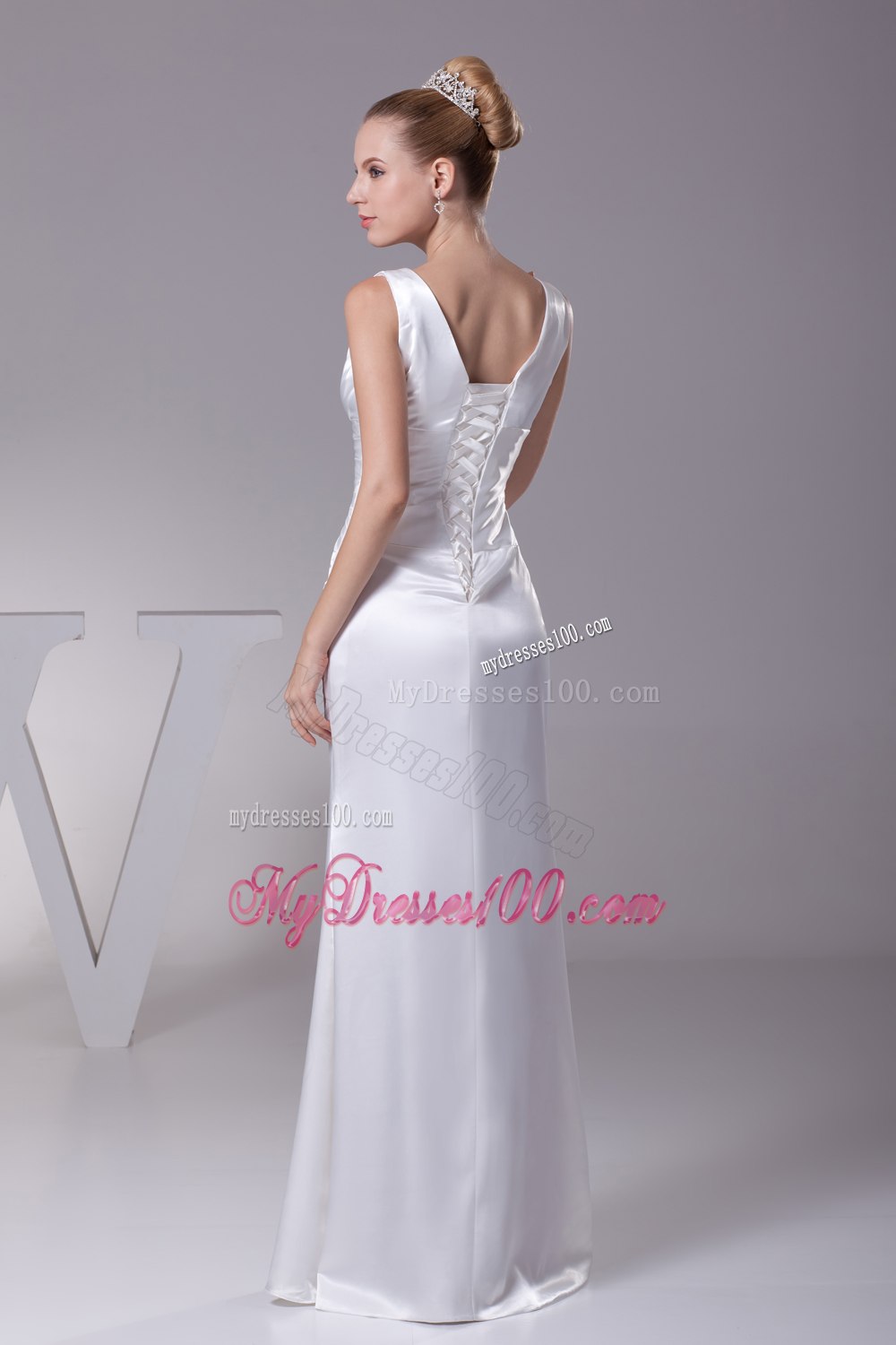 V-neck Beading Long Wedding Dress With Column