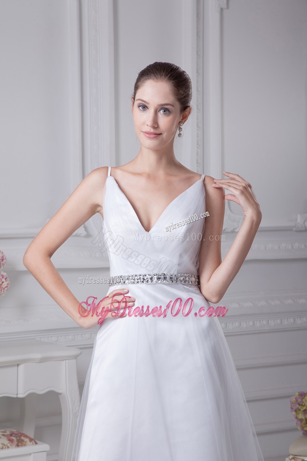 V-neck Knee-length Beading A-line Wedding Dress