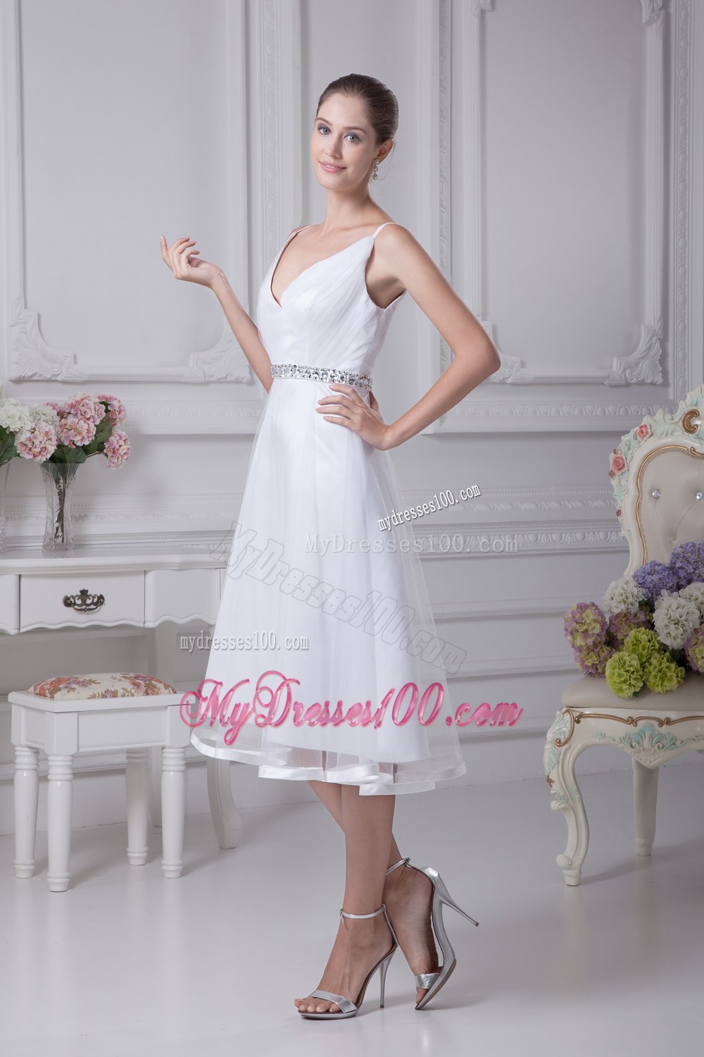 V-neck Knee-length Beading A-line Wedding Dress