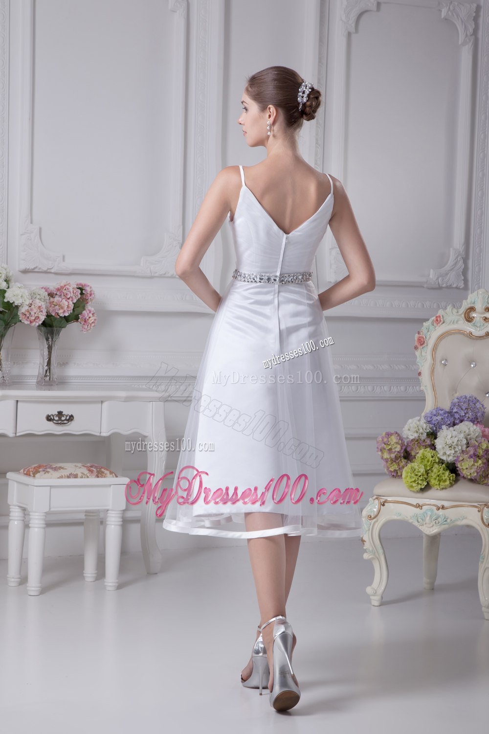 V-neck Knee-length Beading A-line Wedding Dress