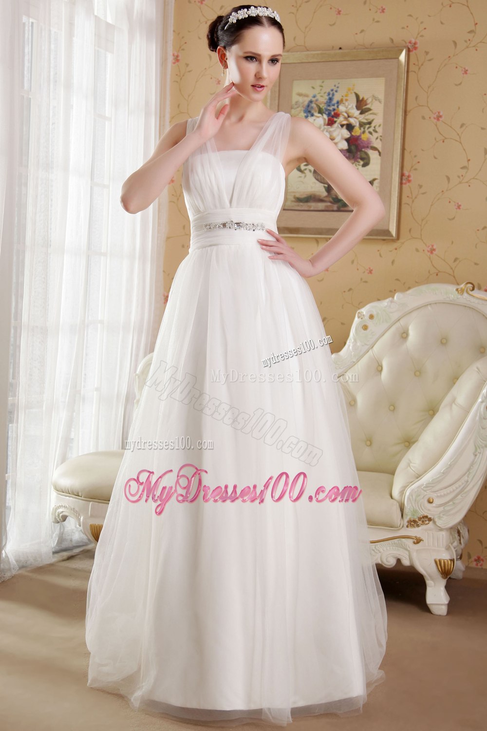 Summer White Princess V-neck Brush Train Beading Wedding Dress