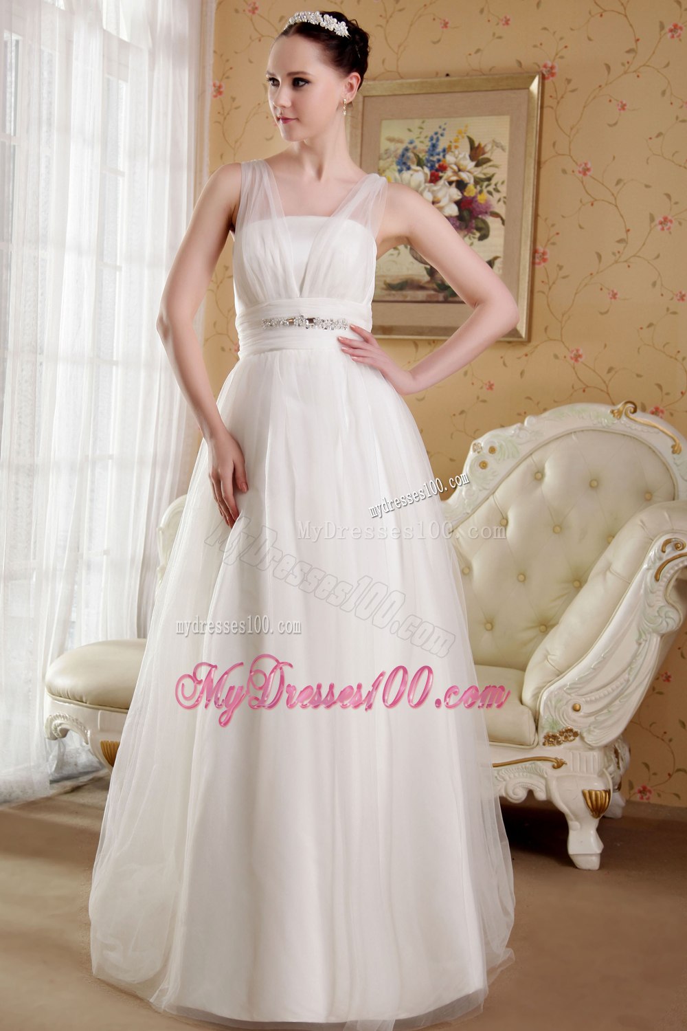 Summer White Princess V-neck Brush Train Beading Wedding Dress
