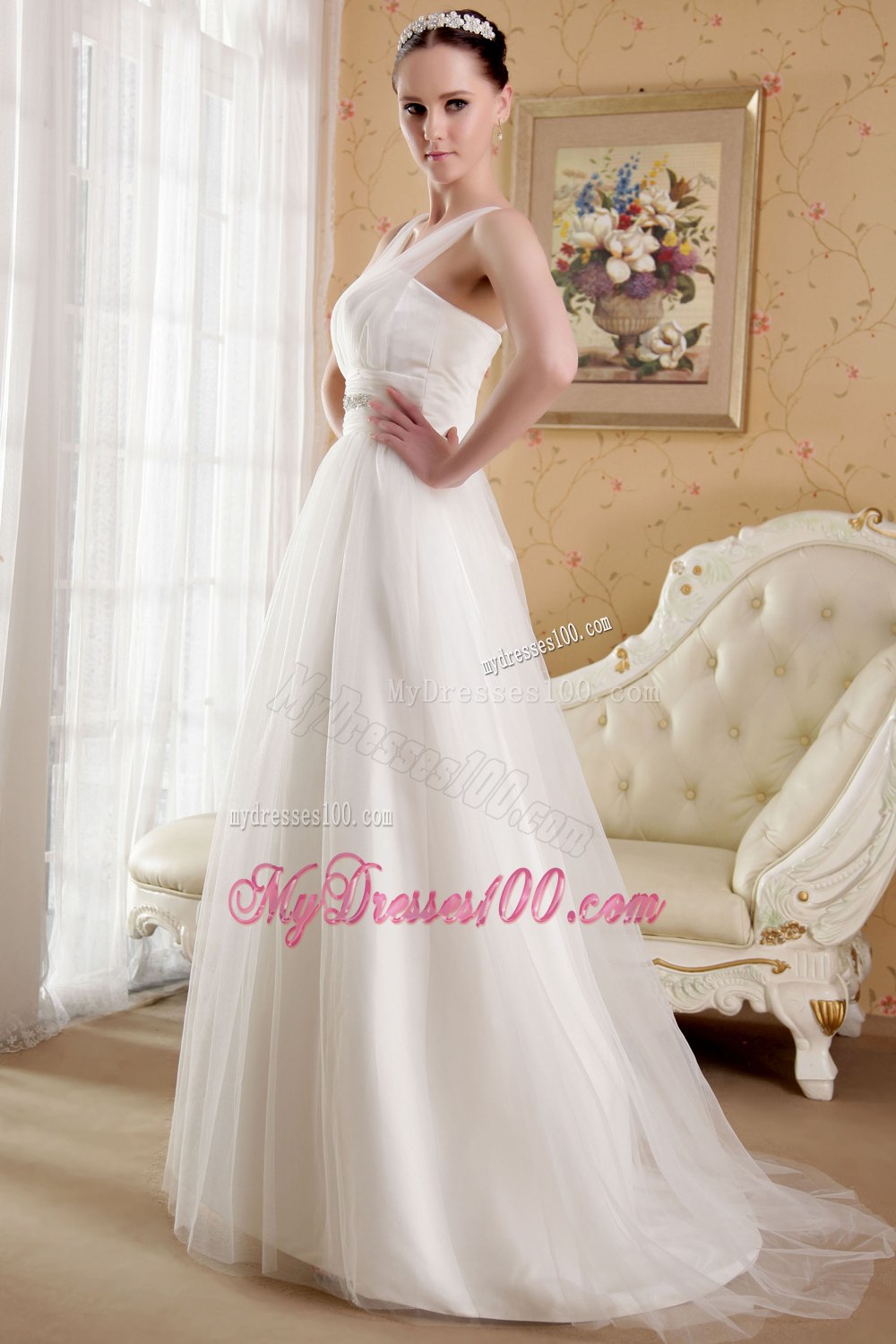 Summer White Princess V-neck Brush Train Beading Wedding Dress