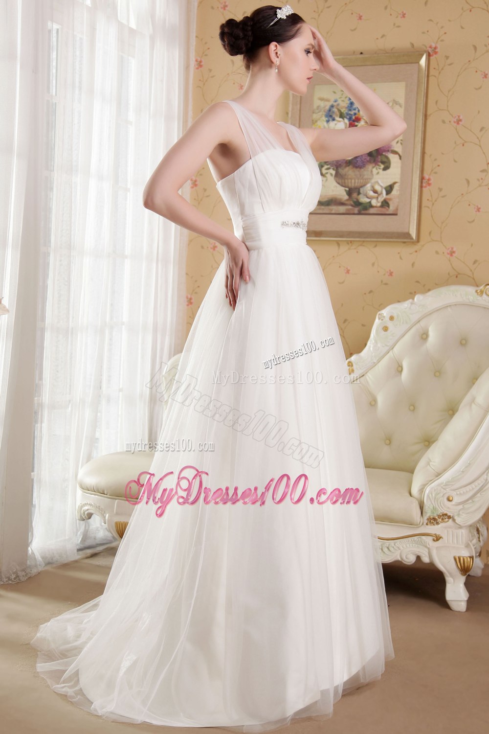 Summer White Princess V-neck Brush Train Beading Wedding Dress