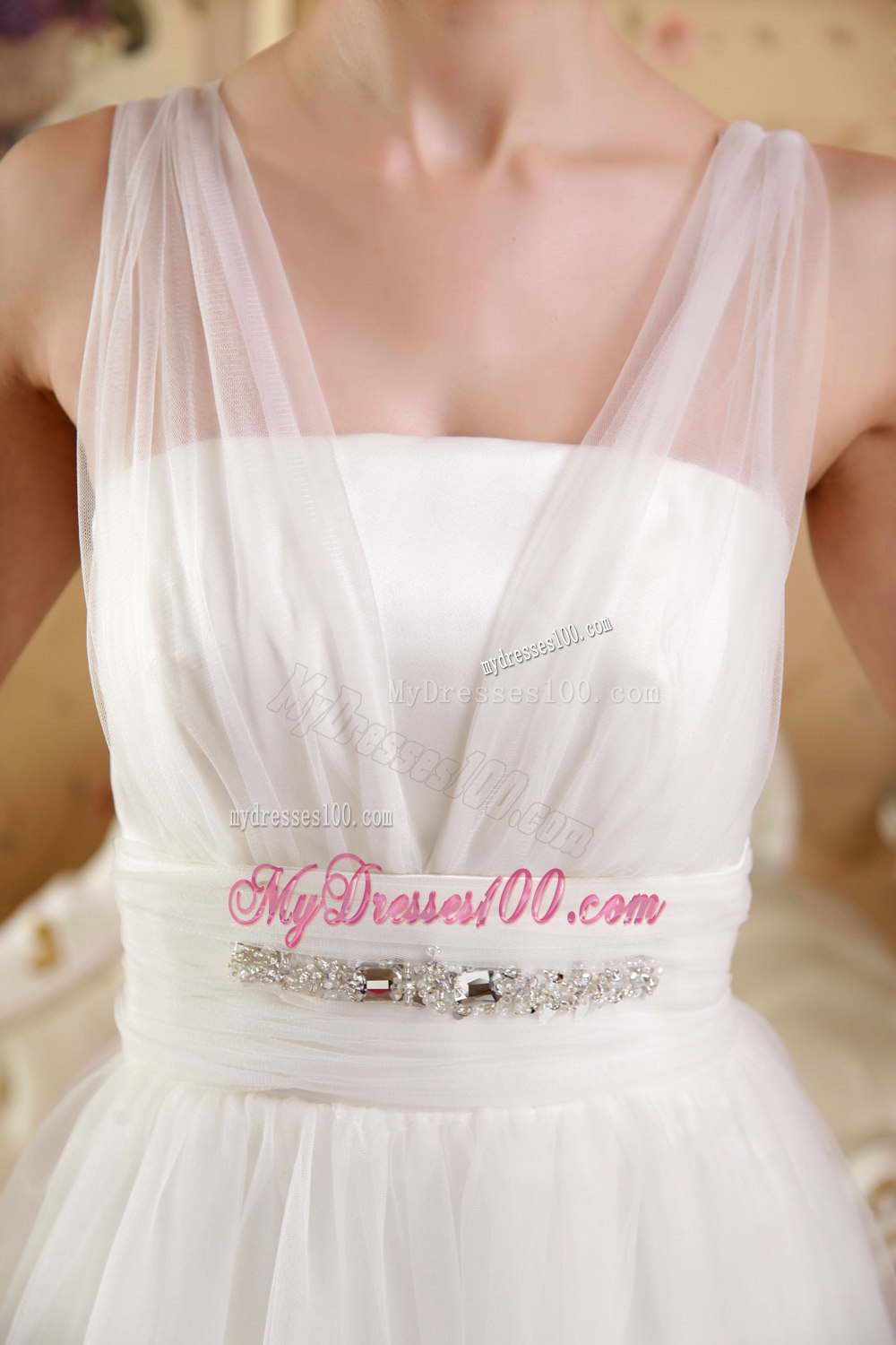 Summer White Princess V-neck Brush Train Beading Wedding Dress