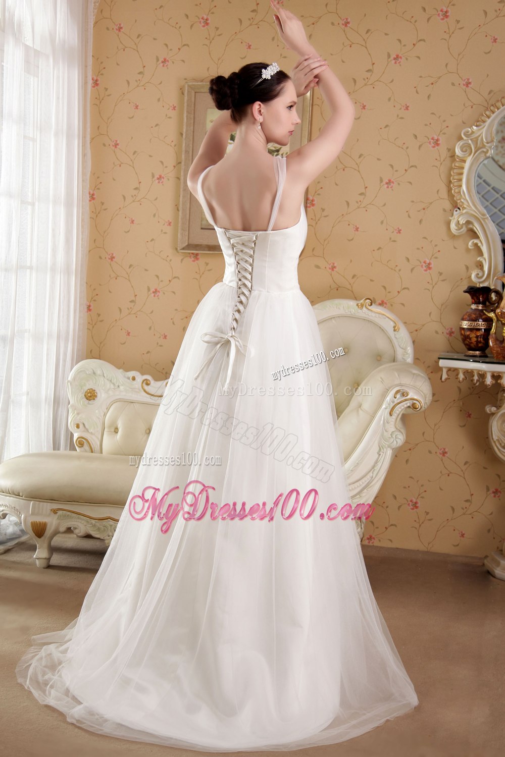 Summer White Princess V-neck Brush Train Beading Wedding Dress
